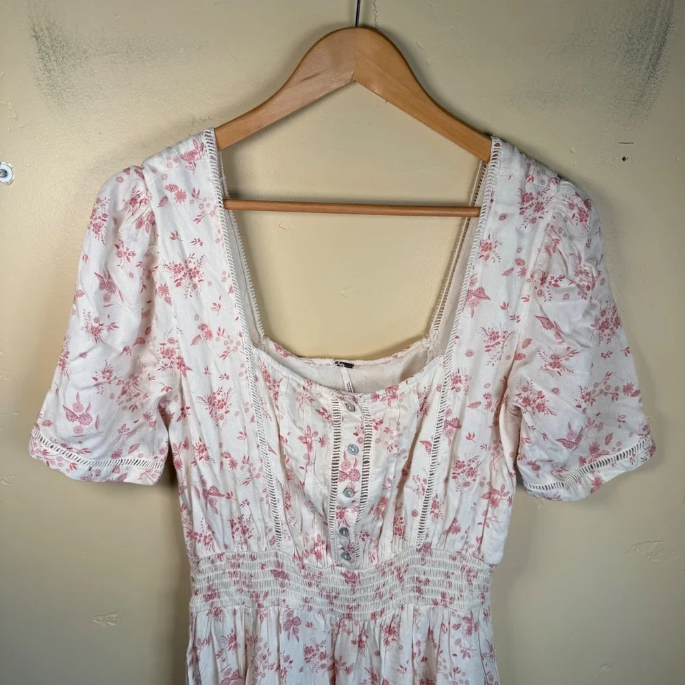 Free People Dandelion Mini Dress Women Medium Cream Pink Floral Boho Cottagecore